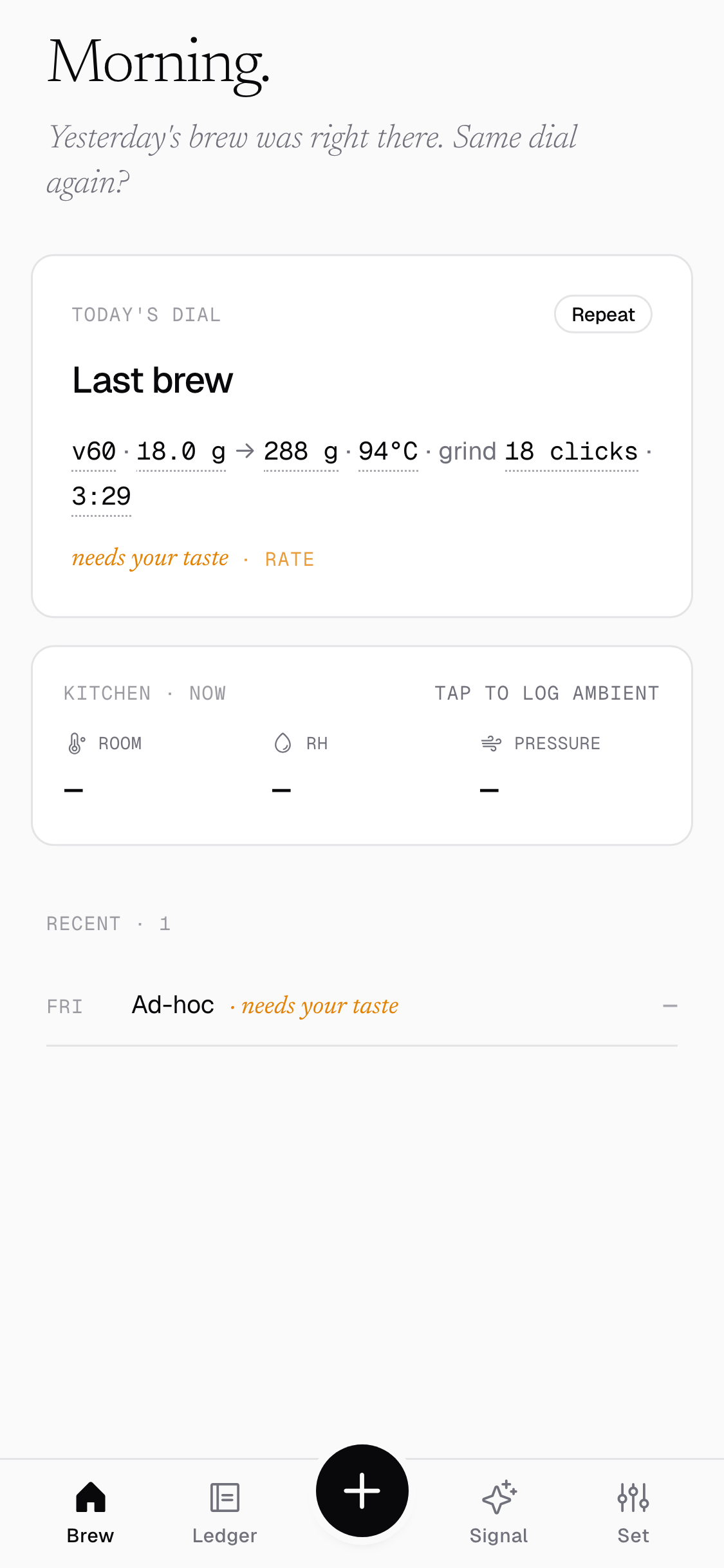 Rise's Brew tab on mobile: today's bean and recipe, one tap away from the timer.